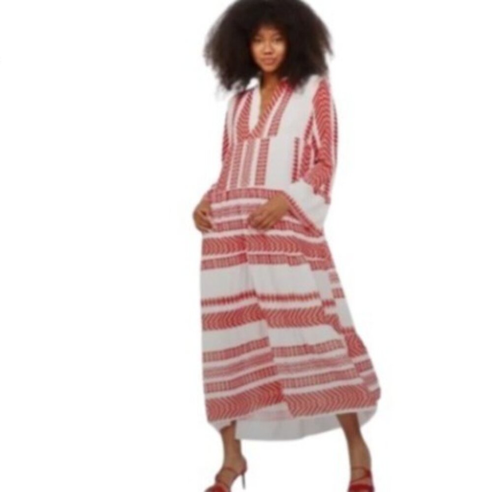 Silk and Salt Womens Flowy Maxi Dress White Red Geo Stripe V Neck Coastal Boho S
